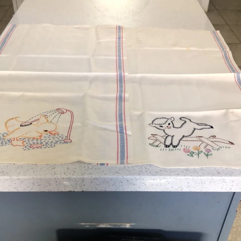 4 vintage hand embroidered canon linen tea towels with baby ducks and baby lamb